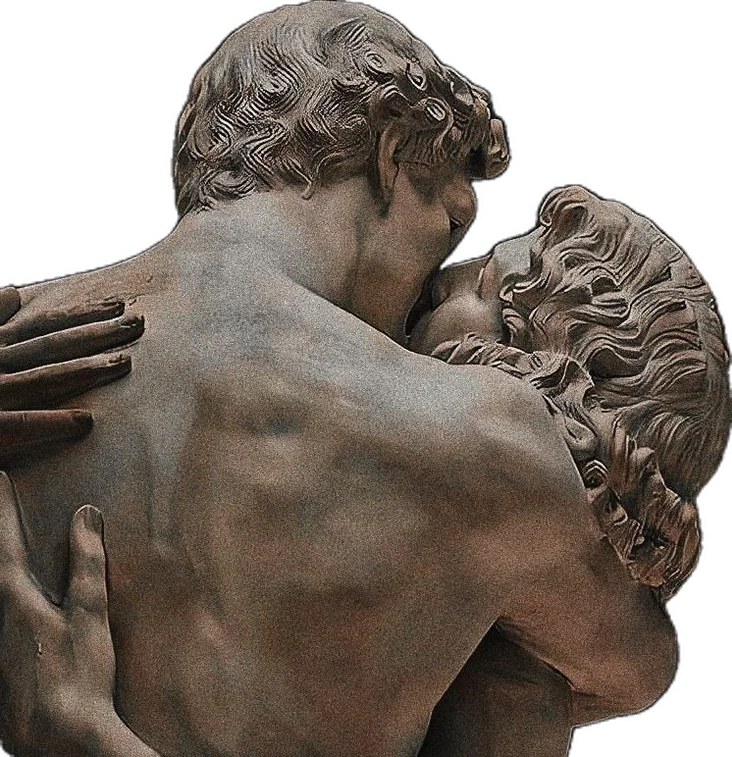 Two classical figures in a protective embrace