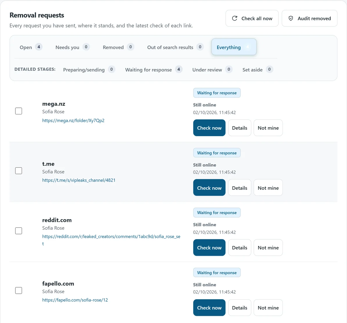 Removal requests before: four links waiting for a response and still online.